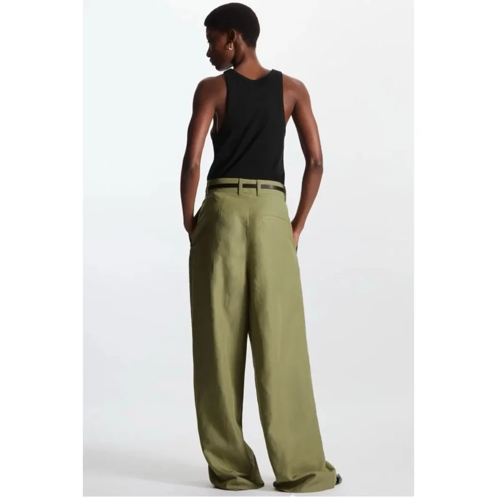 COS Khaki Green High Waisted Wide Leg Relaxed Fit Lyocell Linen Trousers Pants - Picture 3 of 11